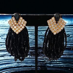 Vtg 80s‎ Statement Earrings Rhinestone Seed Bead Party Black Gold Tone Sparkly.
